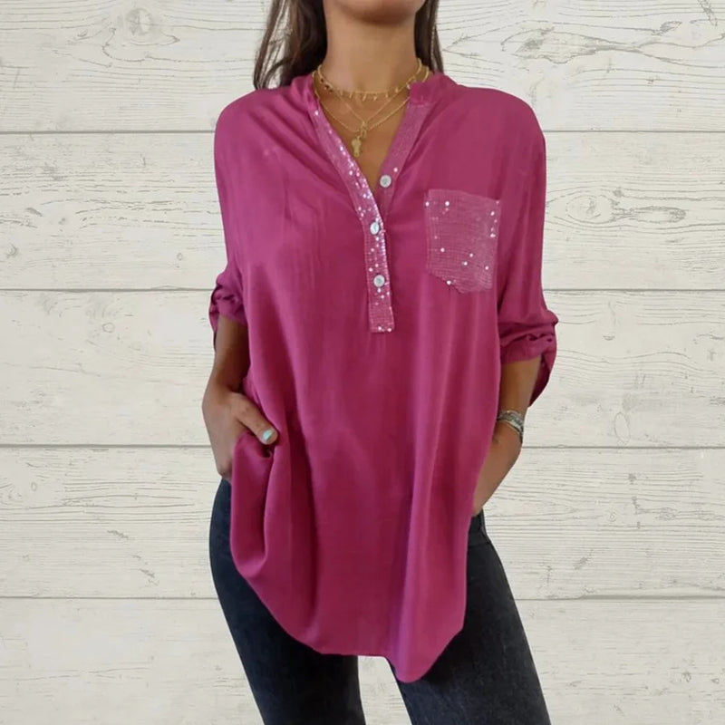⏳Limited Sale 48% OFF🌸Women's Sequin Patchwork V-neck Shirt