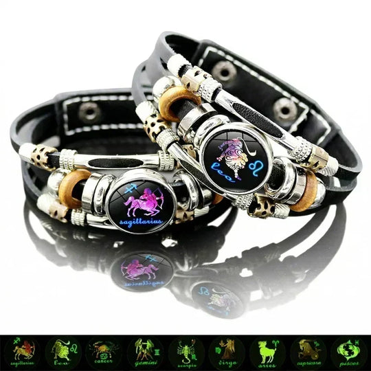 💥Last-Day Sale 50% OFF☪️Glow-in-the-Dark Leather Zodiac Sign Bracelet For Men and Women