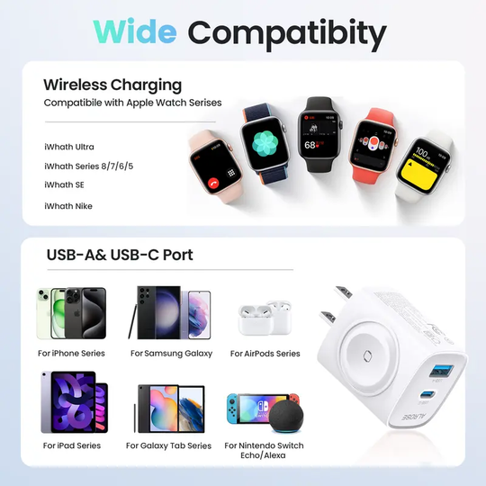 TOPADRE 3-in-1 Magnetic Wireless PD USB-C Apple watch Wall Charger Block