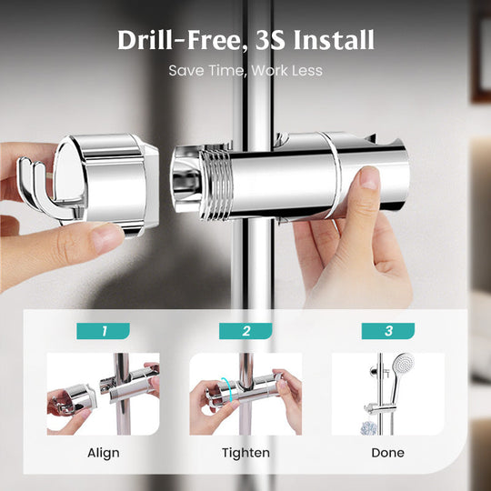 Hole-free shower head bracket with sliding sleeve, adjustable height rod, hook and mounting bracket for shower unit and shower head