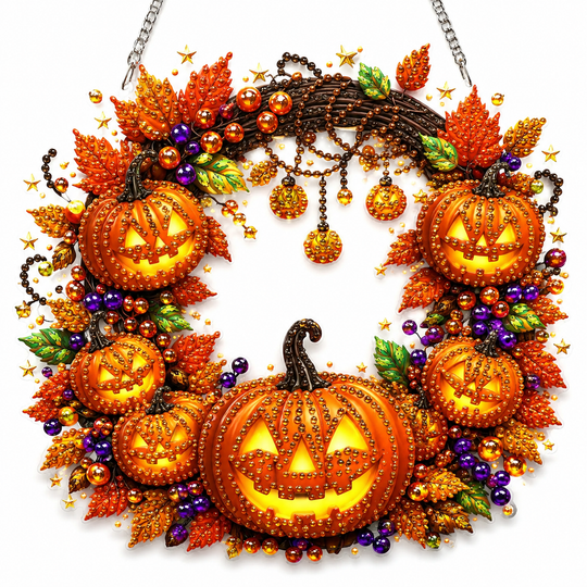 🍂 Autumnal pumpkin wreath with a diamond pattern to hang up – Complete DIY kit