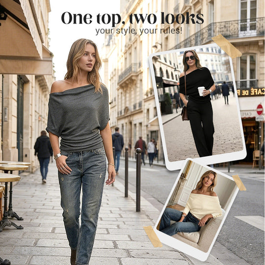 👕Summer Hot Sale⚡50K+ SOLD!🎁Women's Asymmetrical Off-Shoulder Batwing Sleeve Top