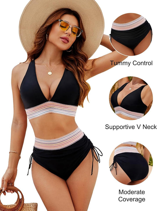 Last Day Promotion 60% OFF 🏆2026 High Waisted Tummy Control Color Block Bikini Sets