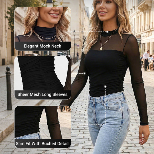 🖤Black Friday Sale:50% OFF🖤🎉Women's Sparkle Mesh Sheer Long Sleeve Ruched Top🌸