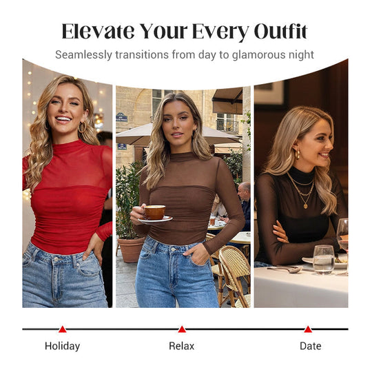 🖤Black Friday Sale:50% OFF🖤🎉Women's Sparkle Mesh Sheer Long Sleeve Ruched Top🌸