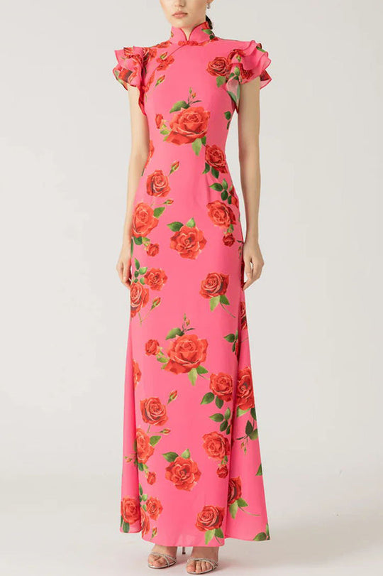 🖤 Black Friday Early Access: 50% OFF 🖤Cheongsam Style Rose Floral Print Tiered Flare Sleeve Stretch Maxi Dress