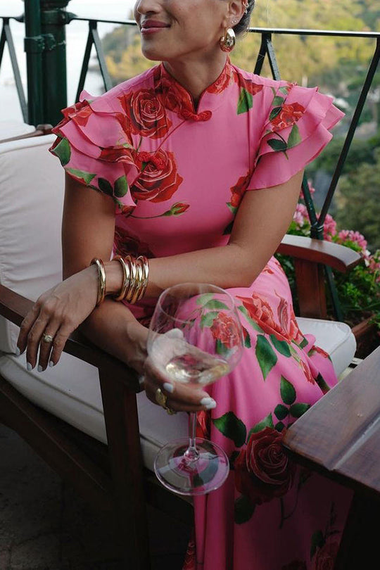 🖤 Black Friday Early Access: 50% OFF 🖤Cheongsam Style Rose Floral Print Tiered Flare Sleeve Stretch Maxi Dress