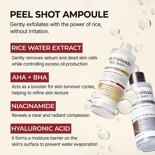 ✨Dr.Melaxin Official✨ Peel Shot Glow Rice Ampoule Duo - Serums for Brightening, Exfoliating, and Moisturizing - Suitable for All Skin Types