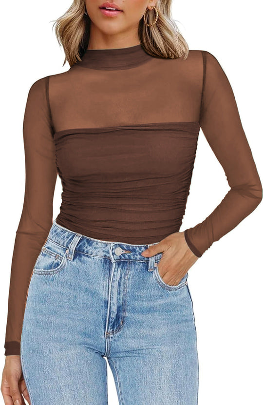 🖤Black Friday Sale:50% OFF🖤🎉Women's Sparkle Mesh Sheer Long Sleeve Ruched Top🌸