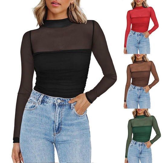 🖤Black Friday Sale:50% OFF🖤🎉Women's Sparkle Mesh Sheer Long Sleeve Ruched Top🌸