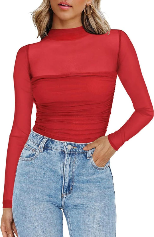 🖤Black Friday Sale:50% OFF🖤🎉Women's Sparkle Mesh Sheer Long Sleeve Ruched Top🌸