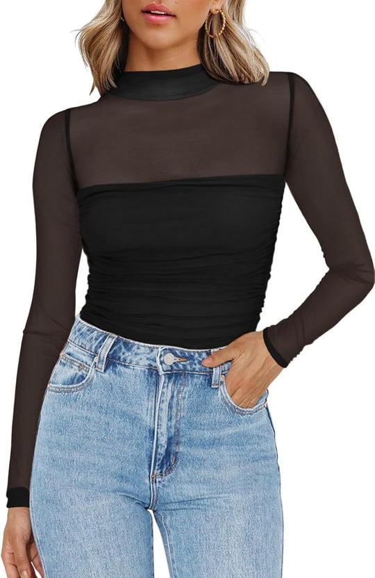 🖤Black Friday Sale:50% OFF🖤🎉Women's Sparkle Mesh Sheer Long Sleeve Ruched Top🌸