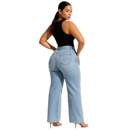 【6 Lengths】Magic ONESO Mid-low Rise BBL Jeans Stretchy Wide Leg Tummy Control Distressed Baggy Denim Pants Plus Size Regular Size