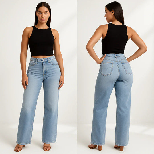 【6 Lengths】Magic ONESO Mid-low Rise BBL Jeans Stretchy Wide Leg Tummy Control Distressed Baggy Denim Pants Plus Size Regular Size