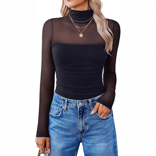 🖤Black Friday Sale:50% OFF🖤🎉Women's Sparkle Mesh Sheer Long Sleeve Ruched Top🌸