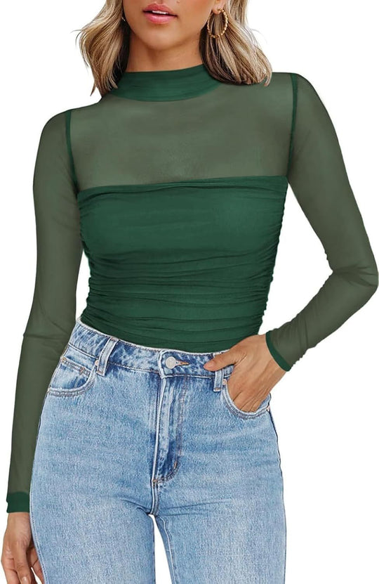🖤Black Friday Sale:50% OFF🖤🎉Women's Sparkle Mesh Sheer Long Sleeve Ruched Top🌸