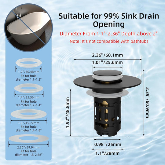 Hibbent Upgraded 3-in-1 Sink Drain Filter, Universal Pop-Up Stopper, Removable Stainless Steel Basket-Shaped Hair Catcher