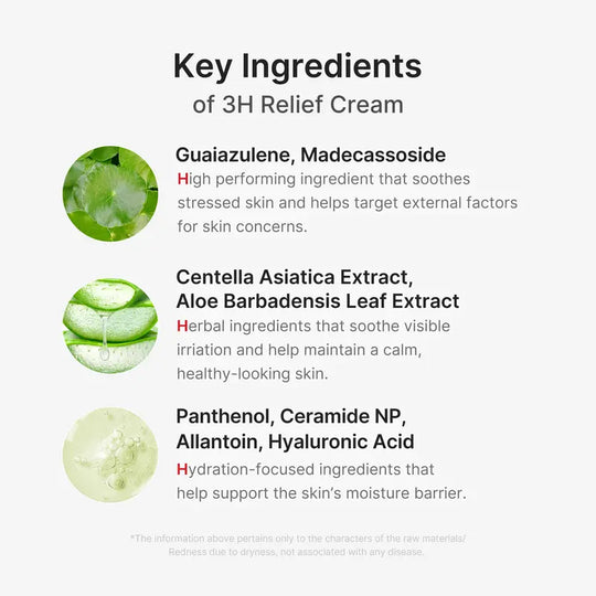 3H Relief Cream | Daily Soothing Moisturizer for Troubled & Delicate Skin, Hydrating, Cooling, Barrier Support Care | Centella Asiatica, Tea Tree Extract, Aloe, Hyaluronic acid | Korean Skincare