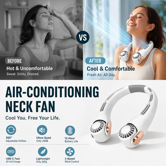 Neck Air Conditioner Fan – Ultra‑quiet, 360° rotating, 3 speeds. Hands‑free cooling, long battery. Summer essential!