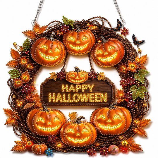 🍂 Autumnal pumpkin wreath with a diamond pattern to hang up – Complete DIY kit