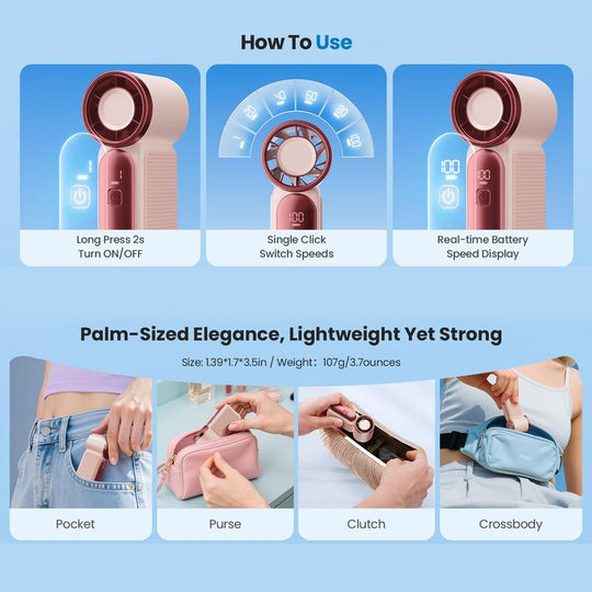 Mini Handheld Fan with LED Display|  6 speeds, 10.7 hours of cool| Weighs nothing – goes anywhere