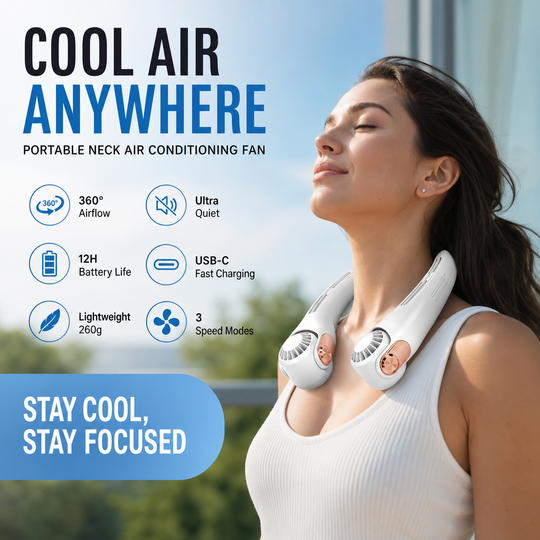 Neck Air Conditioner Fan – Ultra‑quiet, 360° rotating, 3 speeds. Hands‑free cooling, long battery. Summer essential!
