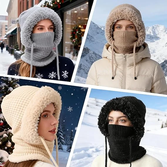 🎉This Week's Special Sales - ￡12.99✨Women 3-in-1 Knitted Balaclava Hat, Fleece Lined Warm Hood Beanie with Scarf & Face Mask, Pom Pom Winter Hat for Outdoor Skiing🧣