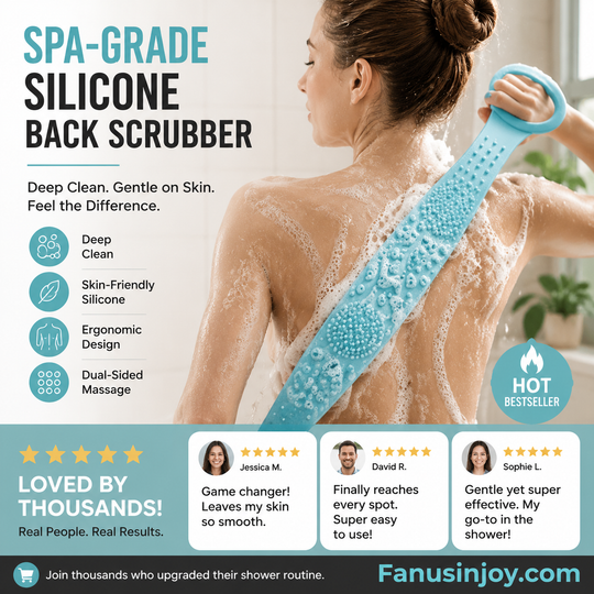 Boost bathing happiness! Skin becomes smooth and glowing! Dual-Sided Silicone Back Scrubber