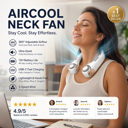 Neck Air Conditioner Fan – Ultra‑quiet, 360° rotating, 3 speeds. Hands‑free cooling, long battery. Summer essential!