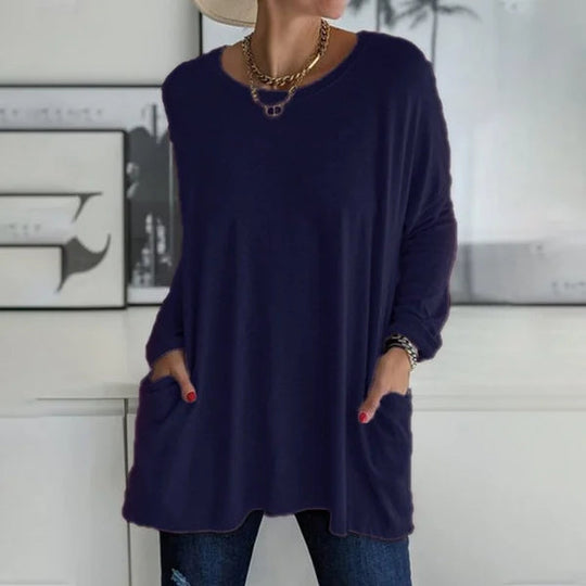 🔥Women's Loose-Fit Long-Sleeve Pocket Tunic with a Flattering Longer Length, Relaxed Silhouette, and Everyday Casual Charm
