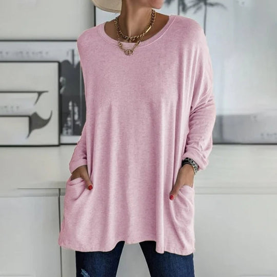 🔥Women's Loose-Fit Long-Sleeve Pocket Tunic with a Flattering Longer Length, Relaxed Silhouette, and Everyday Casual Charm