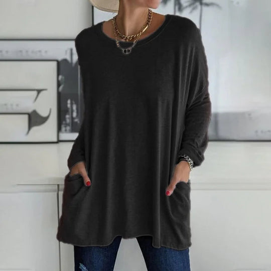 🔥Women's Loose-Fit Long-Sleeve Pocket Tunic with a Flattering Longer Length, Relaxed Silhouette, and Everyday Casual Charm