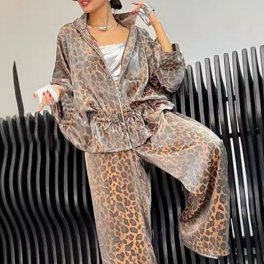 🔥🖤Black Friday Sale🔥Women's Lapel Mid Sleeve Leopard Print 2-Piece Suit