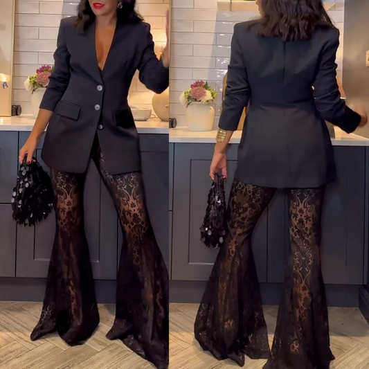 ✨New Arrival✨Stylish Blazer & See Through Flared Pants 2 PCS Set