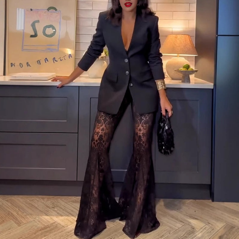 ✨New Arrival✨Stylish Blazer & See Through Flared Pants 2 PCS Set