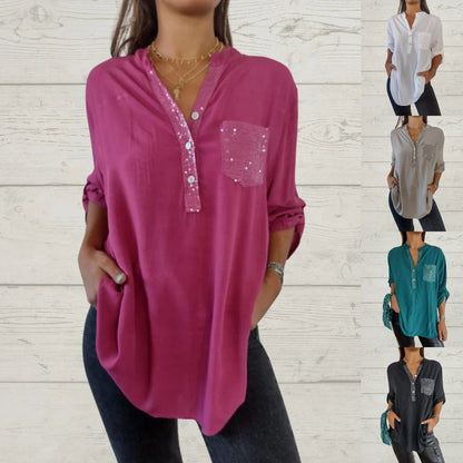 ⏳Limited Sale 48% OFF🌸Women's Sequin Patchwork V-neck Shirt