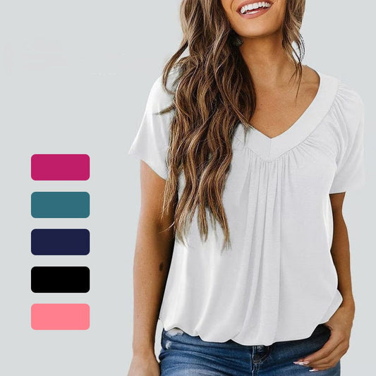 ⏳ Limited time 50% off! 💥Women's Casual Pleated V-Neck Short-Sleeve Top（The more you buy, the higher the discount）