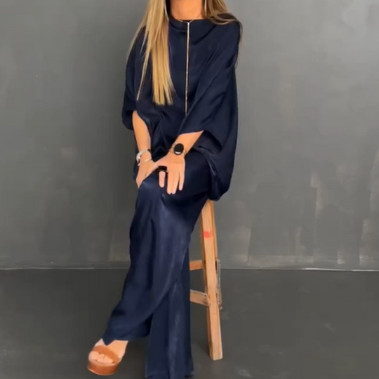 Women's Loose Solid Color Bat-Sleeved 2-Piece Set