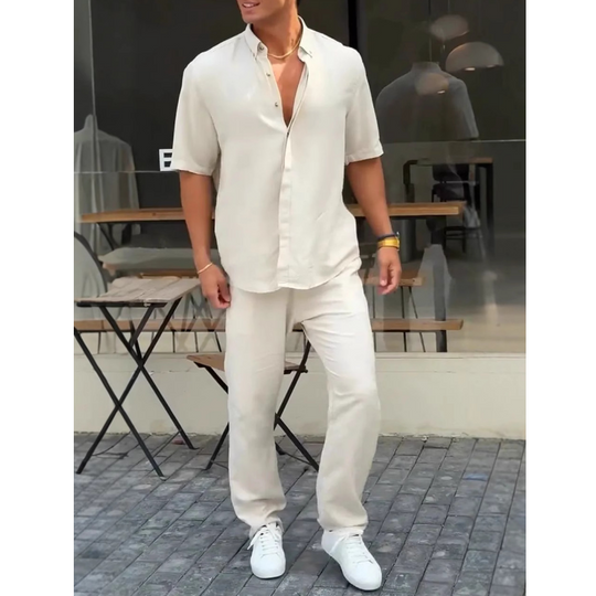 Men’s Solid Lapel Short-Sleeve Tops ＆ Pants 2-Piece Set👔