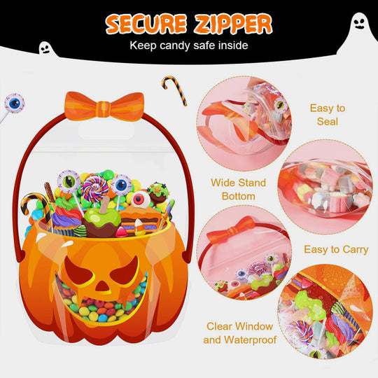 🥳2026 BESTSELLER🥳 Halloween Treat Bags – Pumpkin Design, Resealable Zipper – Easy Carry Handle – 10-Pack – Ideal for Trick-or-Treat & Parties! 🛡️💨