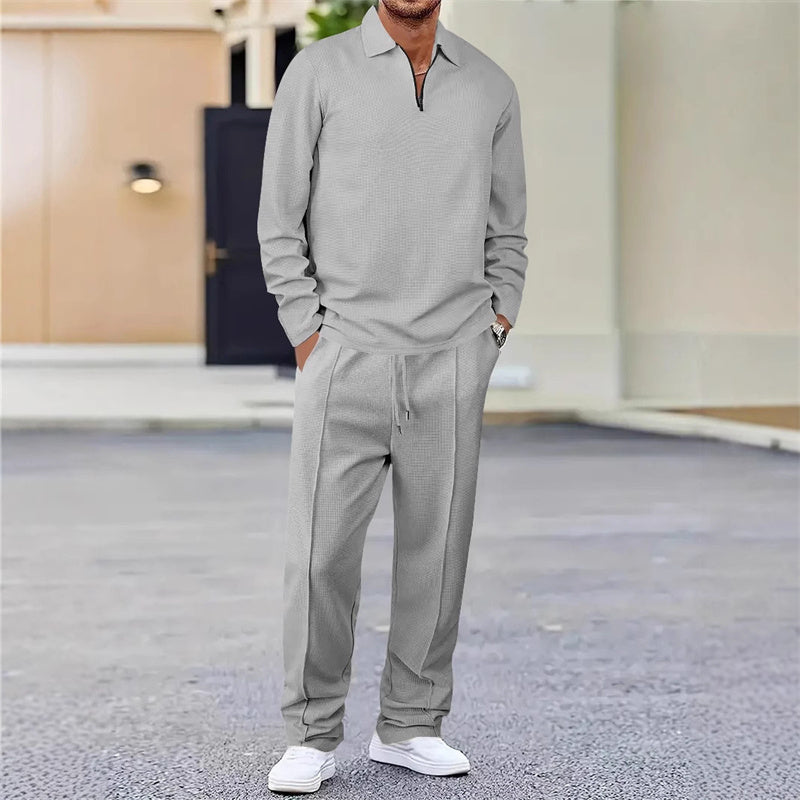 Men’s Waffle Knit Sweatshirt & Straight-Leg Pants Set – Cozy, Breathable & Effortlessly Stylish 👕👖