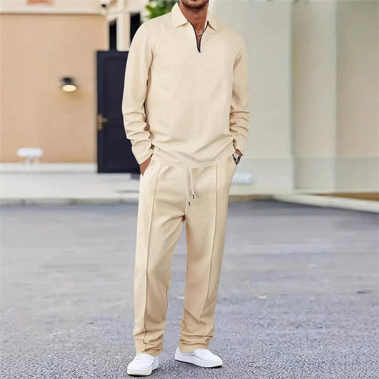 Men’s Waffle Knit Sweatshirt & Straight-Leg Pants Set – Cozy, Breathable & Effortlessly Stylish 👕👖