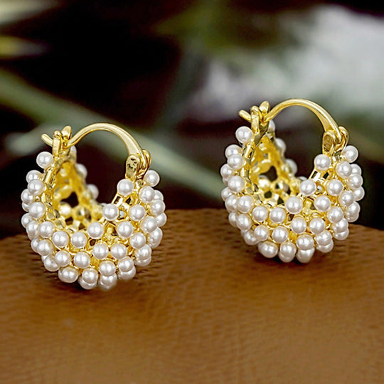 💎New Arrivals 50% OFF💥 Faux Pearl Basket Hoop Earrings: Gold-Tone, Weave Design, Secure Clasp, French Elegance