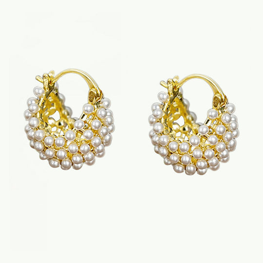 💎New Arrivals 50% OFF💥 Faux Pearl Basket Hoop Earrings: Gold-Tone, Weave Design, Secure Clasp, French Elegance
