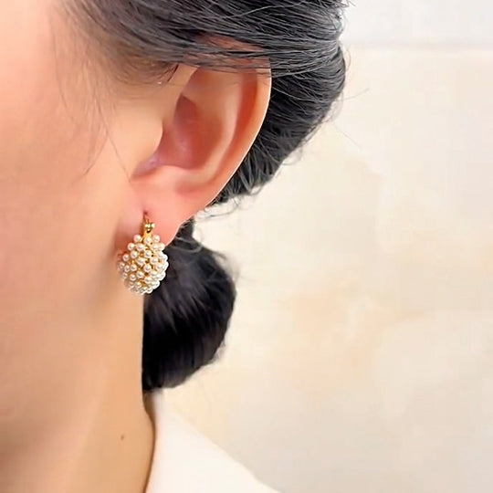 💎New Arrivals 50% OFF💥 Faux Pearl Basket Hoop Earrings: Gold-Tone, Weave Design, Secure Clasp, French Elegance
