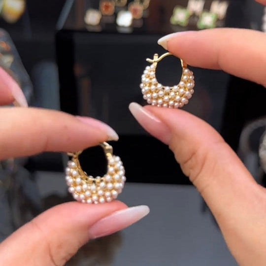 💎New Arrivals 50% OFF💥 Faux Pearl Basket Hoop Earrings: Gold-Tone, Weave Design, Secure Clasp, French Elegance