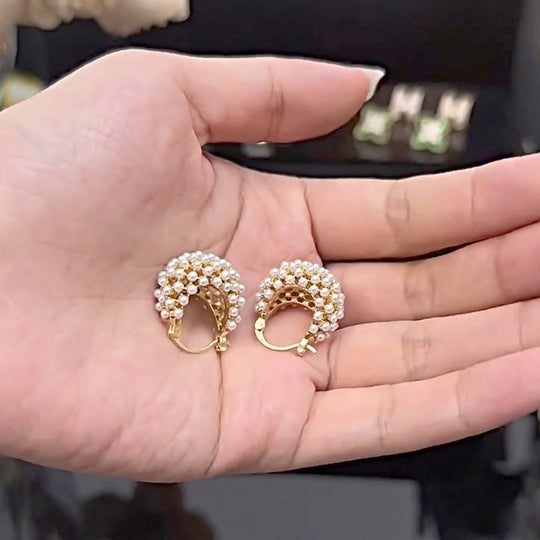 💎New Arrivals 50% OFF💥 Faux Pearl Basket Hoop Earrings: Gold-Tone, Weave Design, Secure Clasp, French Elegance