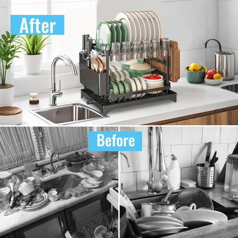 2-Tier Dish Rack with Drainboard – Large Capacity & Fast Drying 🍽️💧