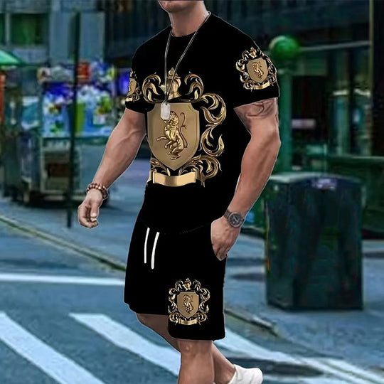 🖤👕🩳Men’s Gold Crest T-Shirt & Shorts Set✨ – Luxury Print, Breathable Comfort & Instant Summer Style