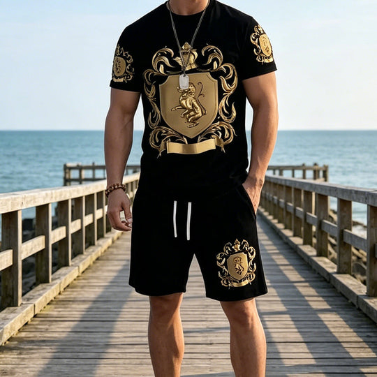 🖤👕🩳Men’s Gold Crest T-Shirt & Shorts Set✨ – Luxury Print, Breathable Comfort & Instant Summer Style